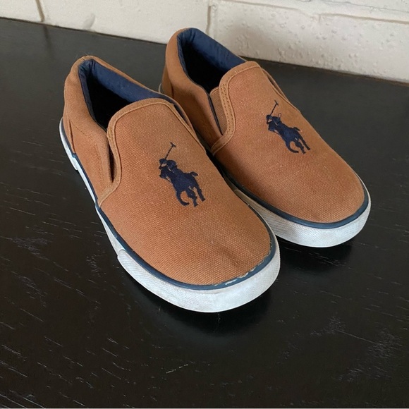 Polo Ralph Lauren youth kids 2 canvas brown sneaker shoes Loafers Big Pony - Picture 1 of 6
